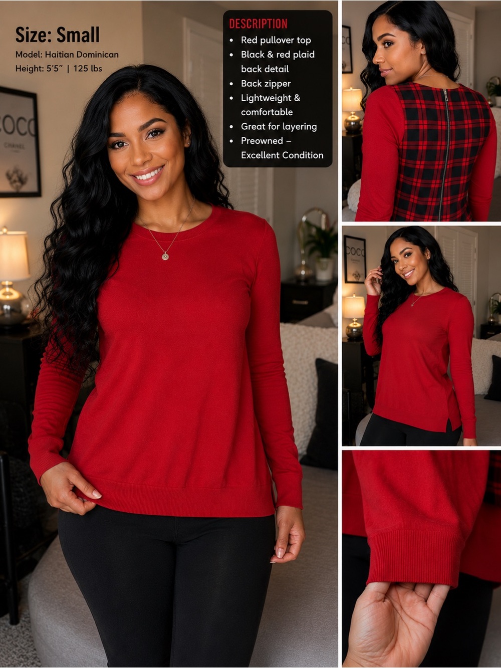 Michael Kors Red Pullover Top with Black & Red Plaid Back